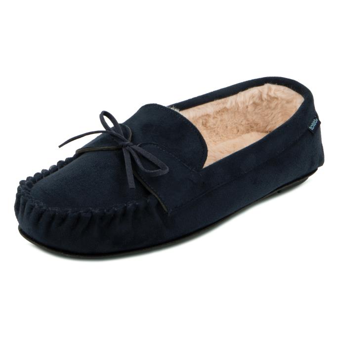 totes Mens Suedette Moccasin Slippers With Faux Fur Lining Navy Extra Image 3